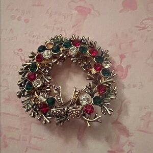 Festive Wreath Brooch with Multicolor Crystals